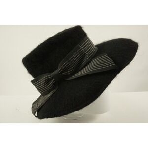 Vintage 1940s-50s Mahara Mohair Wool Bow Fedora Hat Black Union Made in USA 6